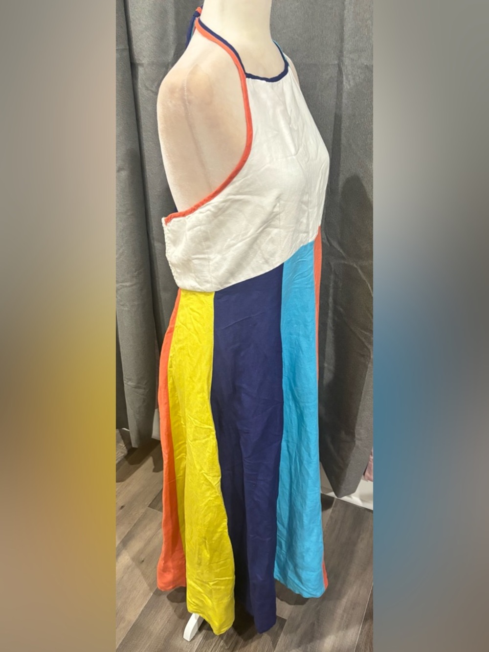 By Anthropologie Multicolor Stripe Halter Midi Dress White Blue Medium Linen - Picture 8 of 11